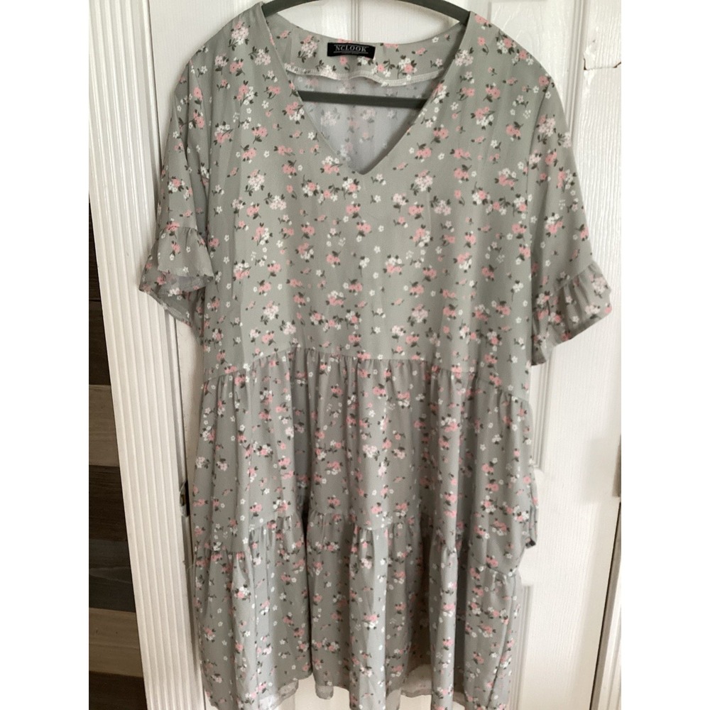 Nclook Womens Large Sage Green Floral Print Short Sleeve Midi Sundress Pockets